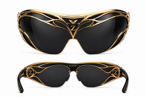 Zasberry Obsidian Crown™ Luxury Shield Sunglasses – Black Diamond Lens with 24K Gold Sculpted Frame