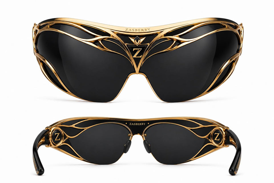 Zasberry Obsidian Crown™ Luxury Shield Sunglasses – Black Diamond Lens with 24K Gold Sculpted Frame