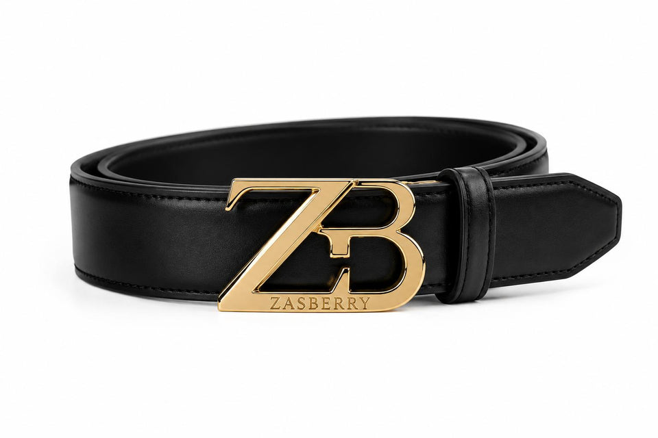 Zasberry Sovereign ZB™ Signature Leather Belt – Black Italian Leather with 24K Gold Monogram Buckle