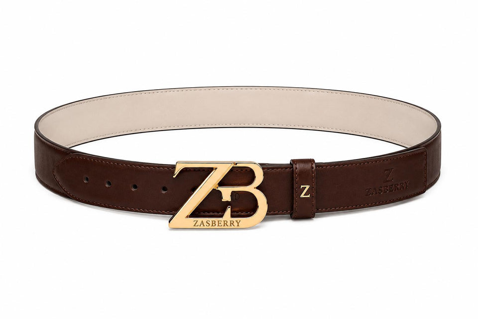 Zasberry™ Signature ZB Monogram Leather Belt – Brown &amp; Gold Luxury Edition