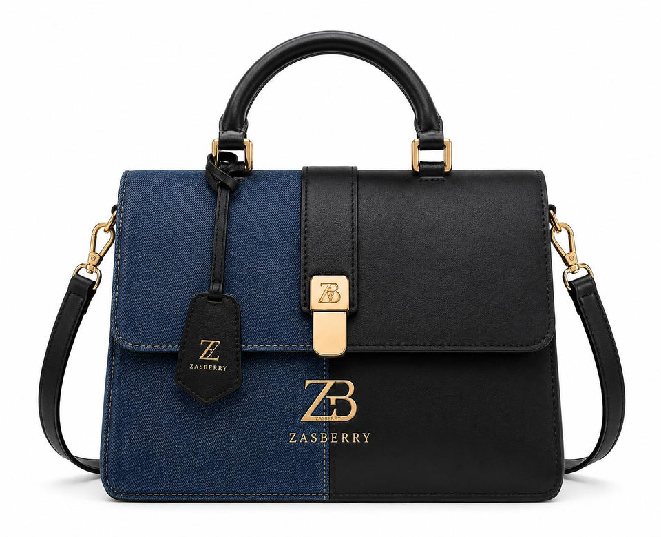 Zasberry® Signature Denim & Leather Handle Handbag – Blue Denim &amp; Black Leather