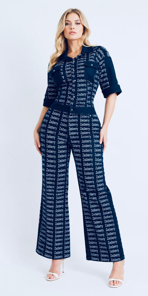 Zasberry-Women Denim Signature Monogram Jumpsuit