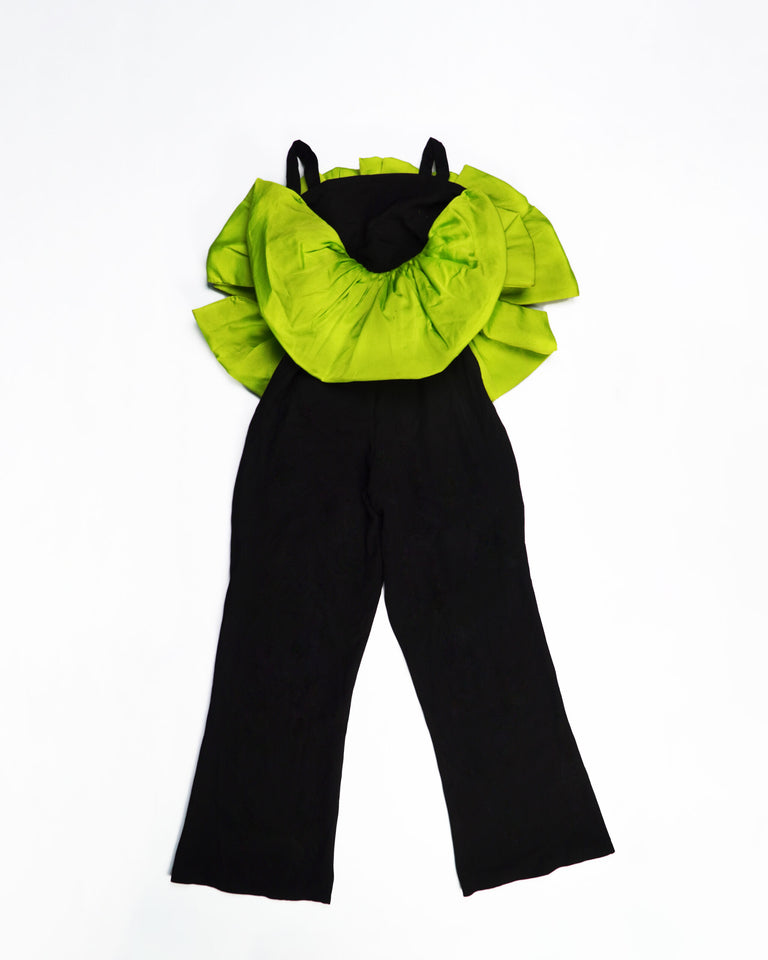 Zasberry Luxury Black Synthetic Crepe/Lemon Green Silk Jumpsuits