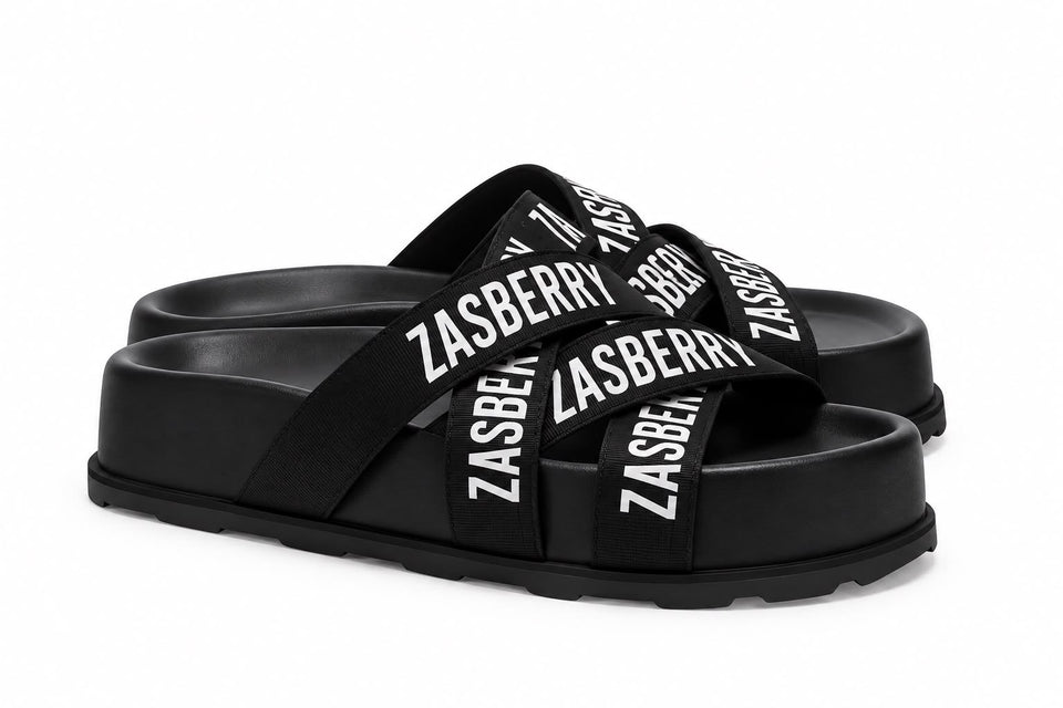Zasberry Signature Cross-Strap Platform Slides – Black