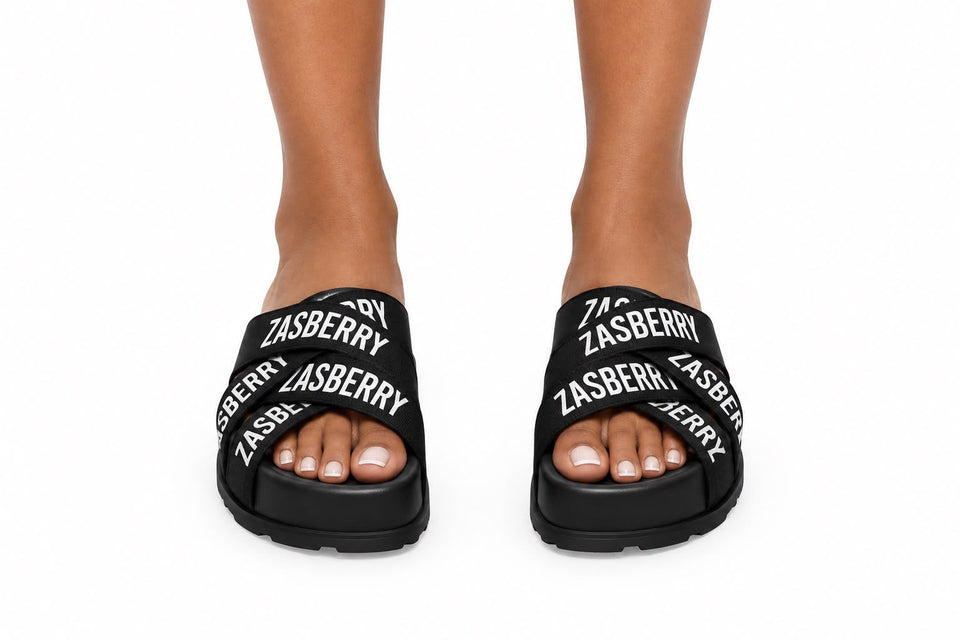 Zasberry Signature Cross-Strap Platform Slides – Black