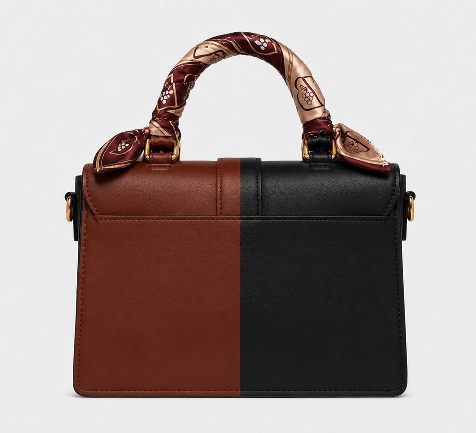 Zasberry® Signature Luxe Colorblock Top Handle Me – Black &amp; Cognac Leather