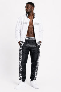Zasberry Signature Varsity Tracksuit – White Bomber Jacket &amp; Black Nylon Designer Set