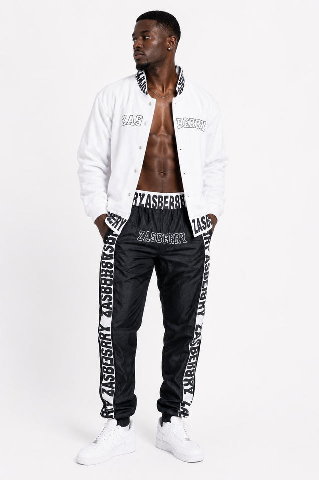 Zasberry Signature Varsity Tracksuit – White Bomber Jacket &amp; Black Nylon Designer Set