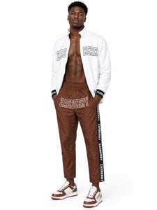 Zasberry Heritage Luxe Tracksuit – White Jacket &amp; Chestnut Brown Nylon Designer Set