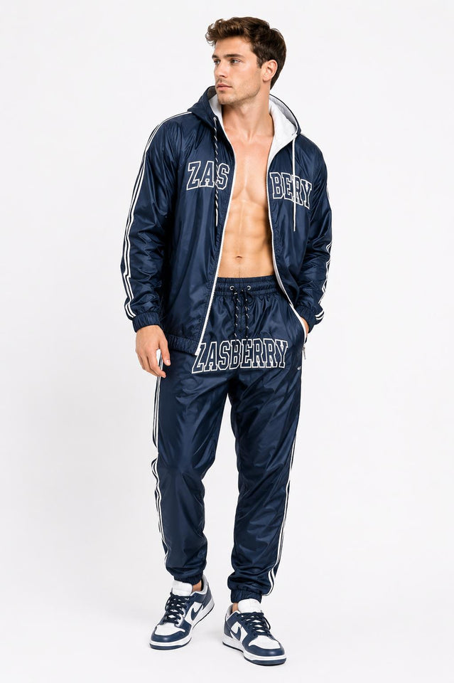 Zasberry Midnight Navy Hooded Tracksuit – Premium Designer Nylon Two-Piece Set