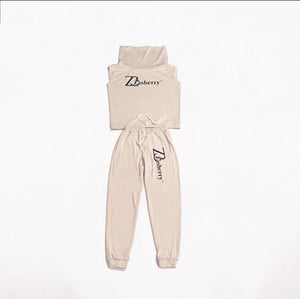 Zasberry Girls Beige Turtleneck Crop Top &amp; Jogger Set – Cozy Two-Piece Lounge Outfit