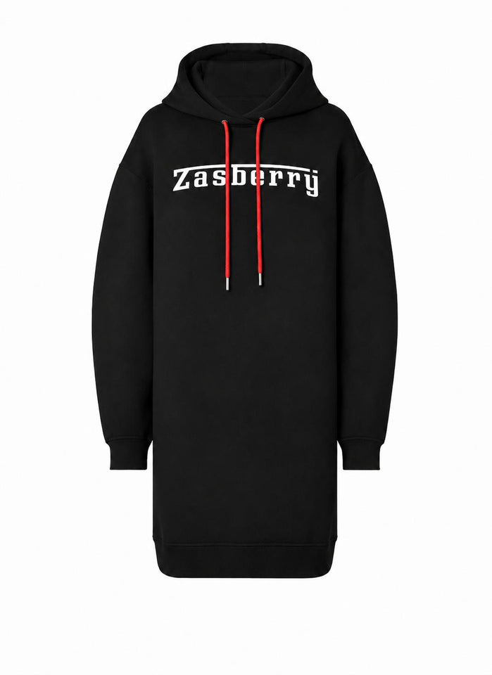 Zasberry Signature Luxe Hoodie Dress – Black with Red Drawstrings