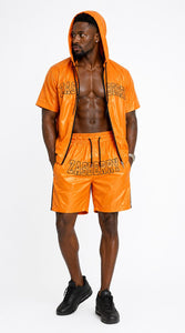Zasberry Luxe Orange Nylon Hooded Short Set – Premium Men’s Designer Summer Tracksuit