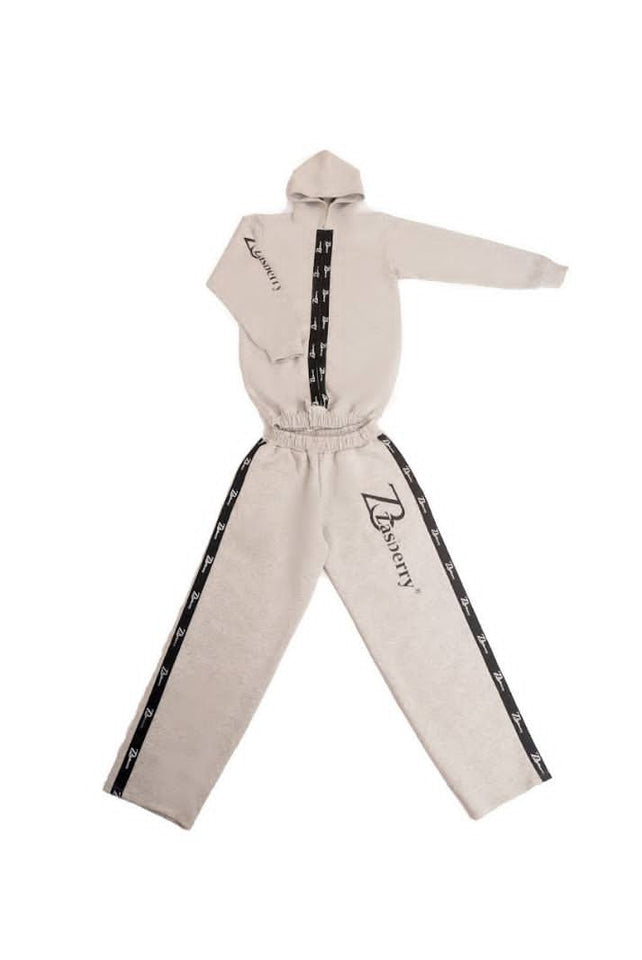 Zasberry Signature Logo Tape Hooded Tracksuit-Light Grey Set