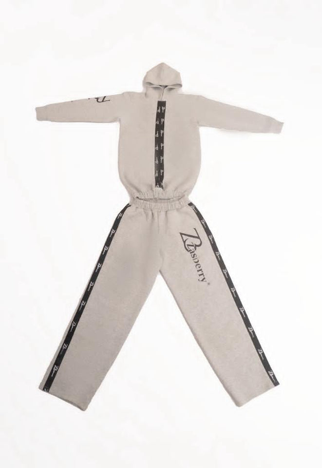Zasberry Signature Logo Tape Hooded Tracksuit-Light Grey Set
