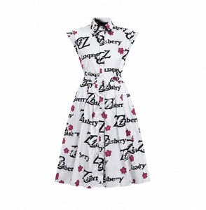 Zasberry Signature Silk Print Midi Gown – White Floral Monogram Edition