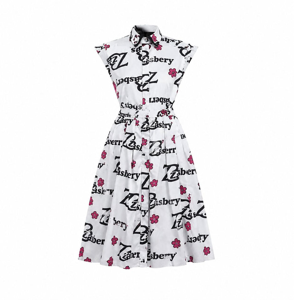 Zasberry Signature Silk Print Midi Gown – White Floral Monogram Edition