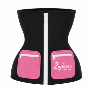 Zasberry® Premium Zip-Up Waist Trainer with Dual Storage Pockets – Black &amp; Pink