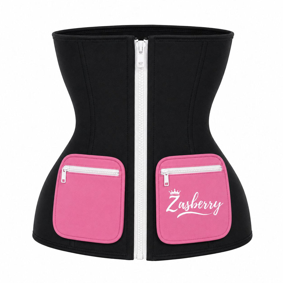 Zasberry® Premium Zip-Up Waist Trainer with Dual Storage Pockets – Black &amp; Pink