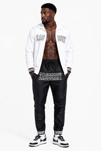 Zasberry Monochrome Luxe Tracksuit – White Jacket &amp; Black Nylon Designer Two-Piece Set
